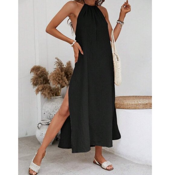 Backless high slit maxi dress halter neck minimalist boho maxi dress black - Picture 1 of 2
